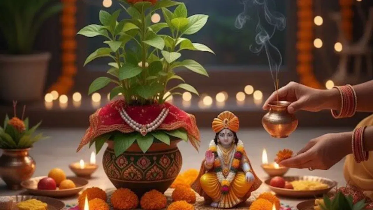 તુલસીના છોડ પાસે દીવો પ્રગટાવવાનો સૌથી શુભ સમય સૂર્યાસ્ત પછી માનવામાં આવે છે; જોકે, ધ્યાનમાં રાખો કે આ સમય દરમિયાન તુલસીના છોડને સ્પર્શ ન કરવો જોઈએ.(ફોટો ક્રેડિટ-Google)