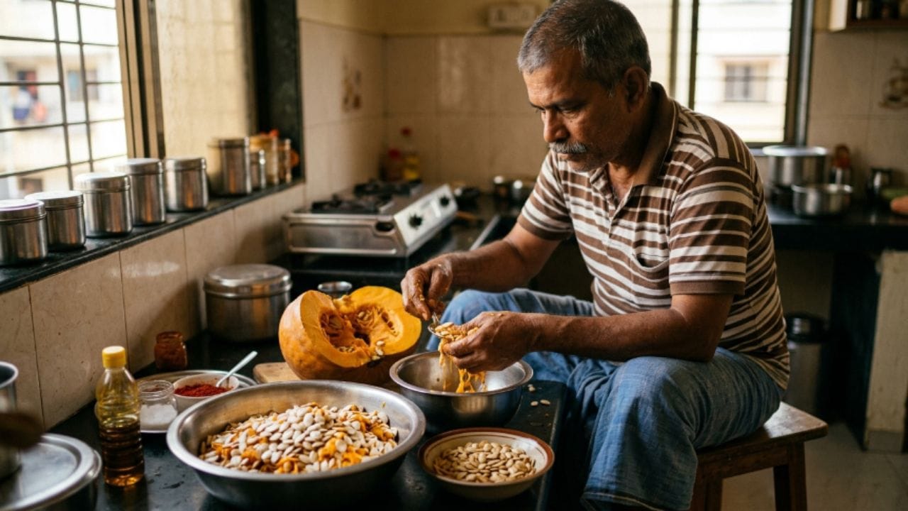 હૃદય અને બ્લડ પ્રેશર માટે સુરક્ષા કવચ: આ નાના બીજ હૃદયની નસોને બ્લોક થવાથી બચાવે છે. કોળવાના બીજ મેગ્નેશિયમનો સર્વશ્રેષ્ઠ સ્ત્રોત છે. મેગ્નેશિયમ લોહીની નસોને સંકોચાવા દેતું નથી અને તેને આરામ આપે છે, જેના કારણે હાઈ બ્લડ પ્રેશર અને ખરાબ કોલેસ્ટ્રોલ બંને કંટ્રોલમાં રહે છે અને હાર્ટ એટેકનો ખતરો નહિવત થઈ જાય છે.