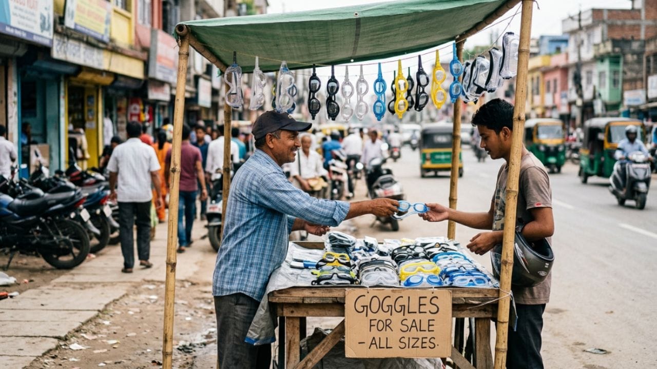 બજારમાં ₹ 50થી 200ની કિંમતના ગોગલ્સ મોટાપ્રમાણમાં વેચવામાં આવે છે. લોકો ફેશન, સ્ટાઇલ અને સૂર્યના કિરણથી બચવા માટે તેને ખરીદે છે.