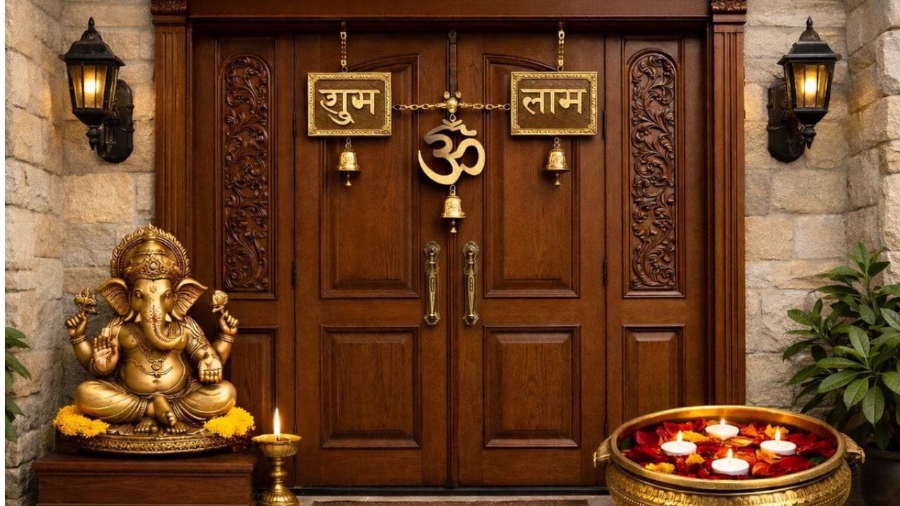 'શુભ-લાભ' : વાસ્તુમાં, 'શુભ-લાભ' વાક્યને પ્રગતિ અને સમૃદ્ધિનું પ્રતીક માનવામાં આવે છે. મુખ્ય પ્રવેશદ્વાર પર આ વાક્ય લખવાની પરંપરા ખૂબ પ્રાચીન છે. એવું માનવામાં આવે છે કે તેને ઘરના બાહ્ય ભાગ પર લખવાથી શુભ ઘટના ઝડપી બને છે. વધુમાં, આ પ્રતીક દ્વારા ઉત્પન્ન થતી ઉર્જા પરિવારના સભ્યોને તેમના જીવનમાં સફળતા તરફ માર્ગદર્શન આપે છે.(ફોટો ક્રેડિટ-Google)