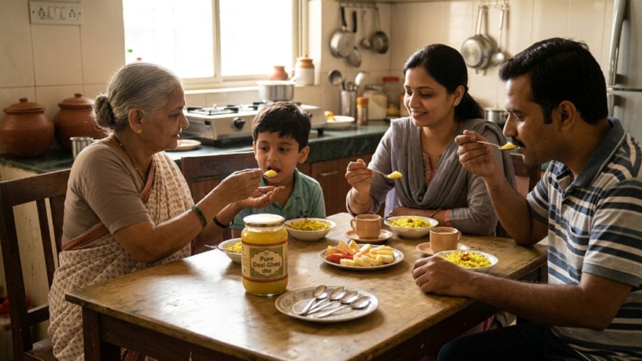 રસોડામાં રાખેલી ઘણી બધી વસ્તુઓ એવી હોય છે, જે આપણા સ્વાસ્થ્ય માટે ખૂબ જ ફાયદાકારક સાબિત થાય છે. રસોઈમાં ઘીનો ઉપયોગ આજકાલથી નહીં પણ સદીઓથી કરવામાં આવે છે. આયુર્વેદમાં પણ ઘીને અત્યંત પૌષ્ટિક અને હેલ્ધી માનવામાં આવ્યું છે. લોકો ખાવાનો સ્વાદ વધારવા માટે તેનો ભરપૂર ઉપયોગ કરે છે અને તેના સેવનથી સ્વાસ્થ્ય એકદમ સરસ થઈ જાય છે. આજકાલ લોકો ફિટનેસ અને હેલ્થને લઈને ખૂબ જ જાગૃત રહે છે. કેટલાક લોકો તો ઘીને પોતાની ડાયટમાં મર્યાદિત માત્રામાં જ સામેલ કરે છે. આવા લોકોના મનમાં ઘણીવાર સવાલ થાય છે કે રોજ સવારે ખાલી પેટે 1 ચમચી ઘી ખાવાથી શરીરમાં શું-શું બદલાવ જોવા મળે છે? ચાલો આ અહેવાલમાં જાણીએ કે રોજ સવારે ખાલી પેટે 1 ચમચી ઘી ખાવાથી શરીરને કયા-કયા ફાયદા થાય છે.