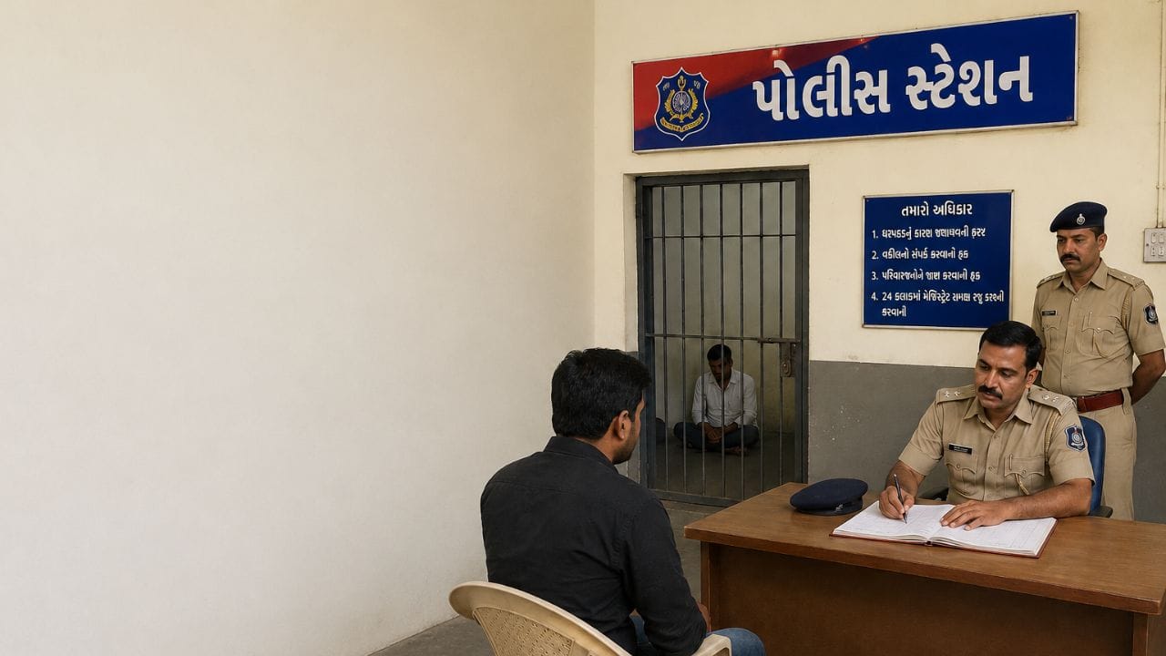 અટકાયત કરાયેલ વ્યક્તિને તેના વકીલ સાથે વાત કરવાનો અને કાનૂની સલાહ લેવાનો સંપૂર્ણ અધિકાર છે. એટલું જ નહી પરંતુ અટાયકત દરમિયાન વ્યક્તિના સ્વાસ્થની જવાબદારી પોલીસની રહે છે. દર 48 કલાકમાં મેડિકલ તપાસના નિયમ છે. પોલીસની એજ જવાબદારી હોય છે કે, તે વ્યક્તિના કોઈ એક પરિવારના લોકો કે, તેના ફ્રેન્ડને ધરપકડની જાણકારી જલ્દી આપે. પોલીસ સાથે કોઈ પણ ગેરવર્તન કે ઝઘડો કર્યા વગર શાંતિથી તમારા અધિકારોની વાત કરો અને કાનુની પ્રકિયાનું પાલન કરો. (photo: canva, ai)
