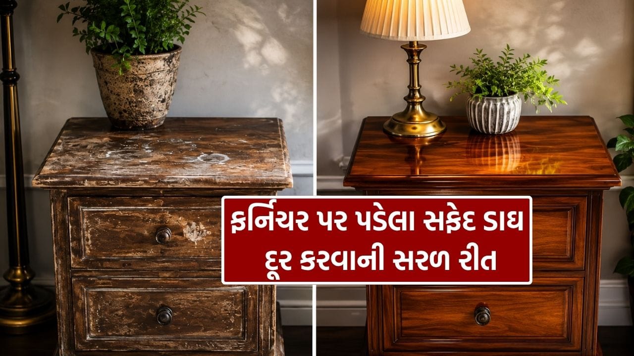 ઘરમાં લાકડાનું ફર્નિચર હોય તો તેની ચમક અને સુંદરતા આખા રૂમને આકર્ષક બનાવે છે. પરંતુ ઘણી વખત પાણીનો ગ્લાસ, ફૂલદાની અથવા કોઈપણ પ્રવાહીનો થોડોક સંપર્ક પણ ફર્નિચર પર ગોળાકાર સફેદ ડાઘ છોડી જાય છે. આવા ડાઘ ફર્નિચરની ફિનિશને બગાડે છે અને નવી વસ્તુને પણ જૂની દેખાડે છે. ઘણા લોકો આ સમસ્યાનો ઉકેલ લાવવા માટે મોંઘા ક્લીનર અથવા પોલિશ ખરીદે છે, પરંતુ કેટલીક વખત સરળ ઘરગથ્થુ ઉપાયો વધુ અસરકારક સાબિત થાય છે.