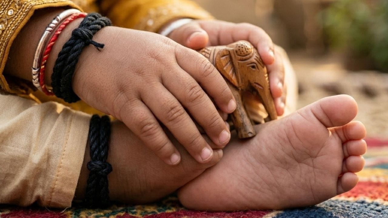 કાળા દોરાનો ઉપયોગ : બાળકના હાથ, પગ અથવા કમરમાં કાળો દોરો બાંધવાની પરંપરા ઘણા ઘરોમાં જોવા મળે છે. લોકો માને છે કે કાળો રંગ નકારાત્મક ઊર્જાને દૂર રાખવામાં મદદરૂપ બને છે.
