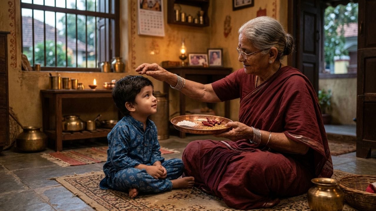 નજર ઉતારવાની પરંપરાગત રીત : કેટલાક પરિવારોમાં મીઠું, રાઈ અને સૂકા મરચાં વડે નજર ઉતારવાનો ઉપાય કરવામાં આવે છે. આ એક પરંપરાગત માન્યતા છે, જે પેઢીઓથી ચાલતી આવી છે.
