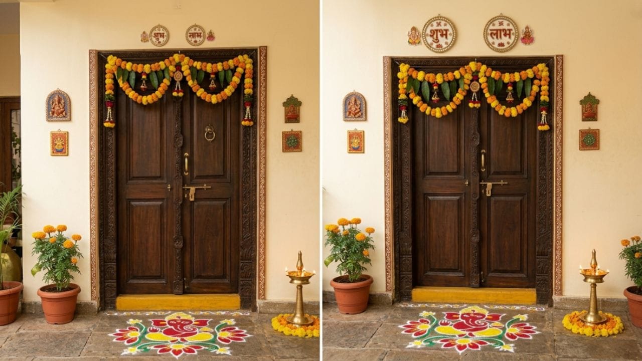 તમે કદાચ ઘરની બહાર કે ઘરના ઉંબરા પર 'શુભ-લાભ' લખેલું જોયું હશે. તેનો અર્થ ઘણો મહત્વપૂર્ણ છે. આમ કરવું ખરેખર શુભ છે કે કેમ અને તેનાથી શું લાભ થાય છે ચાલો અહીં સમજીએ. (ફોટો ક્રેડિટ-Google)