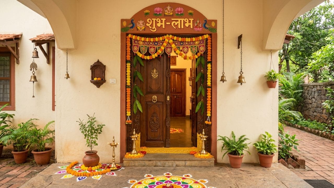 ઘરની બાહર હળદરથી 'શુભ-લાભ' લખવું શુભ છે. આમ કરવાથી પરિવારમાં લગ્નની તકો ઉભી થાય છે અને અટકેલા કાર્યોને ઉકેલવામાં મદદ મળે છે. તે દેવી લક્ષ્મીના આશીર્વાદને આમંત્રણ આપે છે, જેનાથી પરિવારને આર્થિક મુશ્કેલીઓનો સામનો ન કરવો પડે. તેમજ સિંદૂરથી લખવાથી દેવી દુર્ગાની કૃપા પ્રાપ્ત થાય છે, જે સંકટ ટાળવામાં અને ખુશી લાવવામાં મદદ કરે છે.(ફોટો ક્રેડિટ-Google)