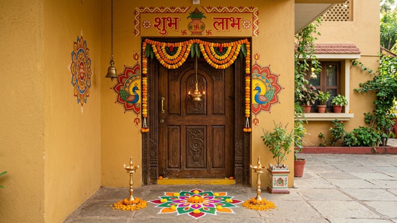 નકારાત્મક ઉર્જાનો નાશ: મુખ્ય પ્રવેશદ્વાર પર સ્વસ્તિક સાથે આ લખવાથી આસપાસની નકારાત્મક ઉર્જા દૂર થાય છે અને સ્વાગતભર્યું વાતાવરણ બને છે. 'શુભ' શુદ્ધ વિચારો દર્શાવે છે, જ્યારે 'લાભ' સાચા સંતોષનું પ્રતિનિધિત્વ કરે છે. તે આપણને યાદ અપાવે છે કે પ્રામાણિકપણે કમાયેલી સંપત્તિ ઘરમાં સાચી ખુશી લાવે છે.(ફોટો ક્રેડિટ-Google)