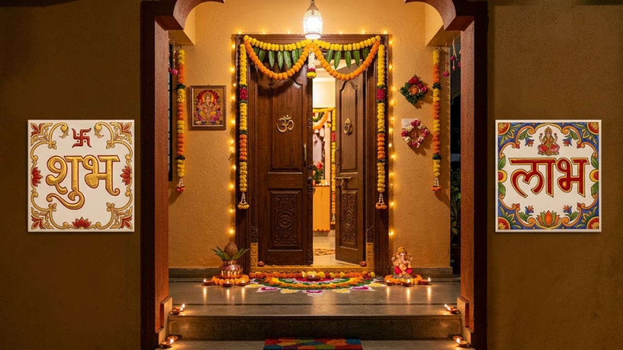 ઘરમાં સુખ અને સમૃદ્ધિ લાવે : ઘરની બહાર 'શુભ-લાભ' લખવાથી પરિવારમાં સુખ અને સમૃદ્ધિ આવે છે. તે ઘરના ઝઘડાને દૂર કરવામાં પણ મદદ કરે છે.(ફોટો ક્રેડિટ-Google)