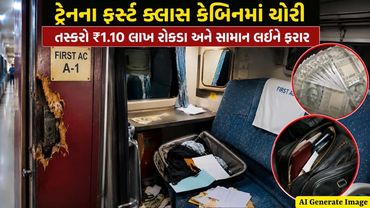 ટ્રેનના AC ફર્સ્ટ ક્લાસ કેબિનનો દરવાજો તોડી તસ્કરો ₹1.10 લાખ રોકડા અને કિંમતી સામાન ચોરી ગયા