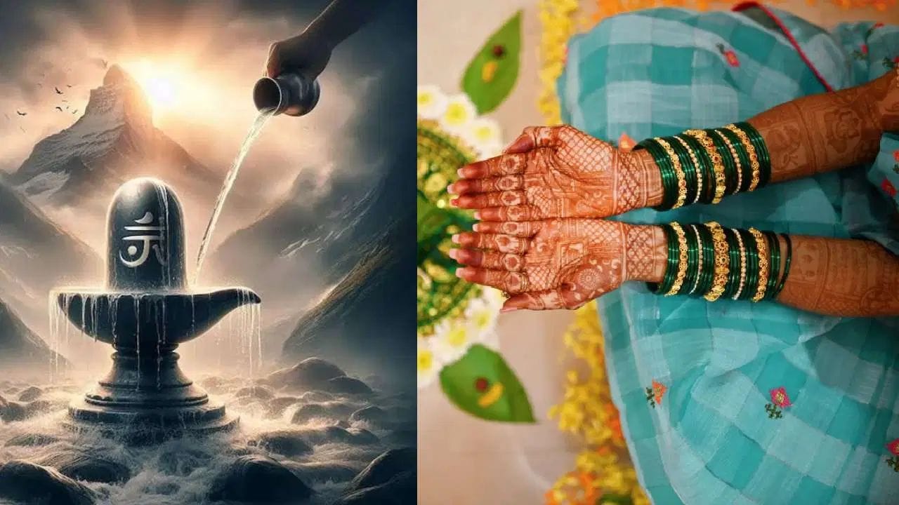 ધાર્મિક માન્યતાઓ અનુસાર, શ્રાવણનો આખો મહિનો ભગવાન શિવ અને માતા પાર્વતીની ઉપાસના માટે સમર્પિત હોય છે. પૌરાણિક કથાઓ અનુસાર, દેવી પાર્વતીએ શિવજીને પતિ સ્વરૂપે મેળવવા માટે કઠોર તપસ્યા કરી હતી અને સ્વયંને પ્રકૃતિના રંગોમાં ઢાળ્યા હતા, તેથી શ્રાવણમાં લીલી બંગડીઓ ધારણ કરવાથી માતા પાર્વતી અત્યંત પ્રસન્ન થાય છે અને મહિલાઓને અખંડ સૌભાગ્યવતી રહેવા તથા સુખમય દાંપત્ય જીવનનું પવિત્ર વરદાન આપે છે.