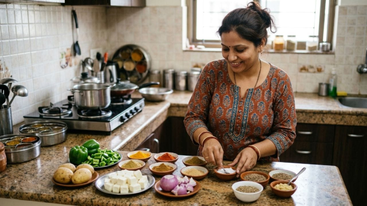 જરૂરી સામગ્રી: કેપ્સિકમ (મરચાં) - 250 ગ્રામ, બટાકા (મધ્યમ કદના) - બે, પનીર - 100 ગ્રામ, ડુંગળી - એક, અજમો - 1/2 ચમચી, હળદર - 1/4 ચમચી, લાલ મરચું પાઉડર - 1/2 ચમચી, આદુ-લસણની પેસ્ટ - ત્રણ ચમચી, ધાણા પાઉડર - એક ચમચી, જીરૂ - એક ચમચી, ગરમ મસાલો પાઉડર - એક ચમચી, આમચૂર પાઉડર - અડધી ચમચી, મીઠું - સ્વાદાનુસાર
