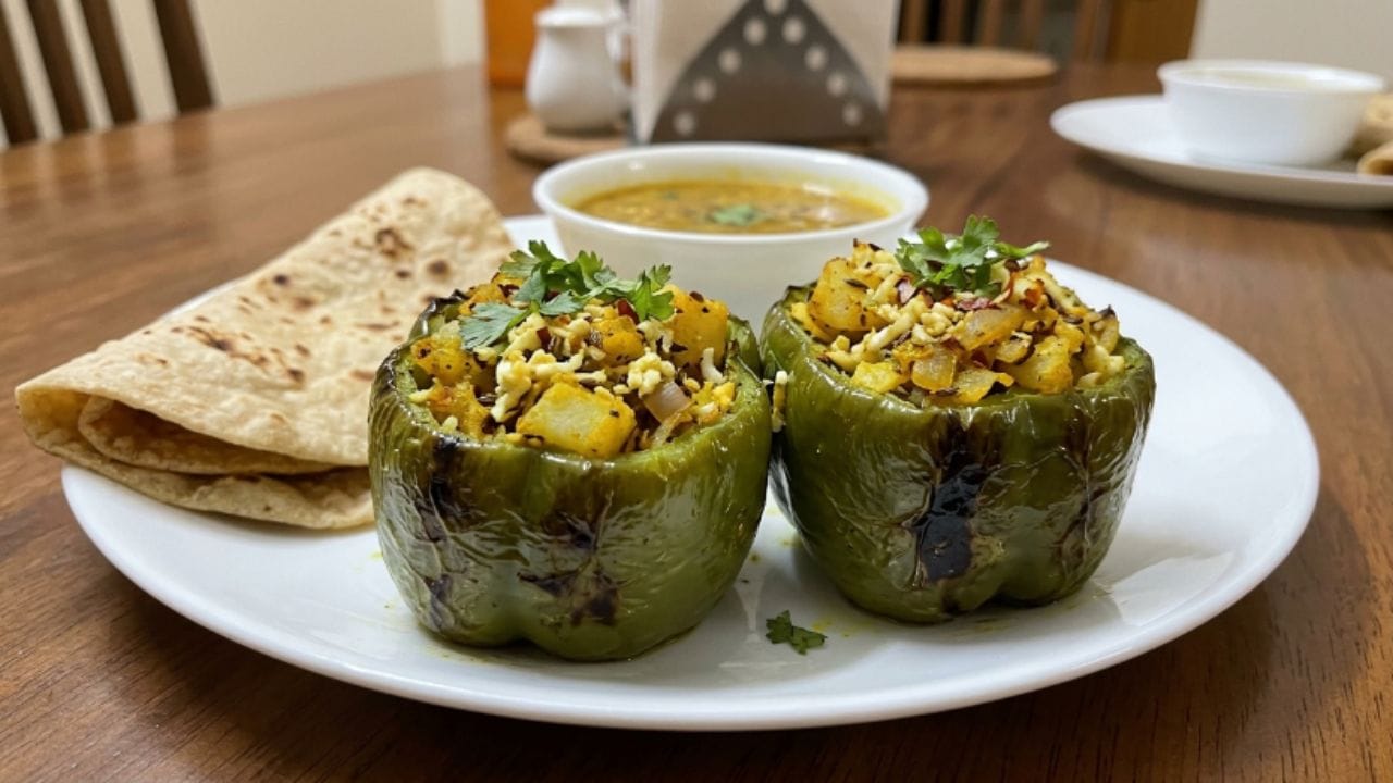 હવે એક-એક કરીને તેમાં બટાકા અને પનીરનું મિશ્રણ ભરી દો અને કાપેલો ભાગ પાછો ઉપર મૂકી દો. ત્યારબાદ કડાઈમાં થોડું તેલ ગરમ કરો અને ભરેલા મરચાં મૂકી, ઢાંકણ ઢાંકીને લગભગ 12-15 મિનિટ સુધી ધીમા તાપે ચડવા દો. હવે મરચાંના ઉપરના ભાગને હટાવીને તેના પર છીણેલું પનીર ભભરાવો અને રોટલી, બ્રેડ કે નાન સાથે ગરમાગરમ પીરસો.