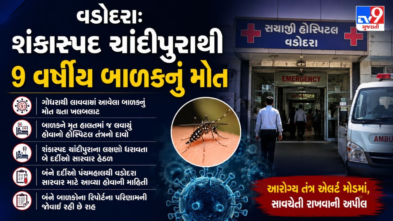 Breaking News: વડોદરામાં શંકાસ્પદ ચાંદીપુરા વાયરસથી 9 વર્ષીય બાળકનું મોત, આરોગ્ય તંત્ર એલર્ટ મોડમાં