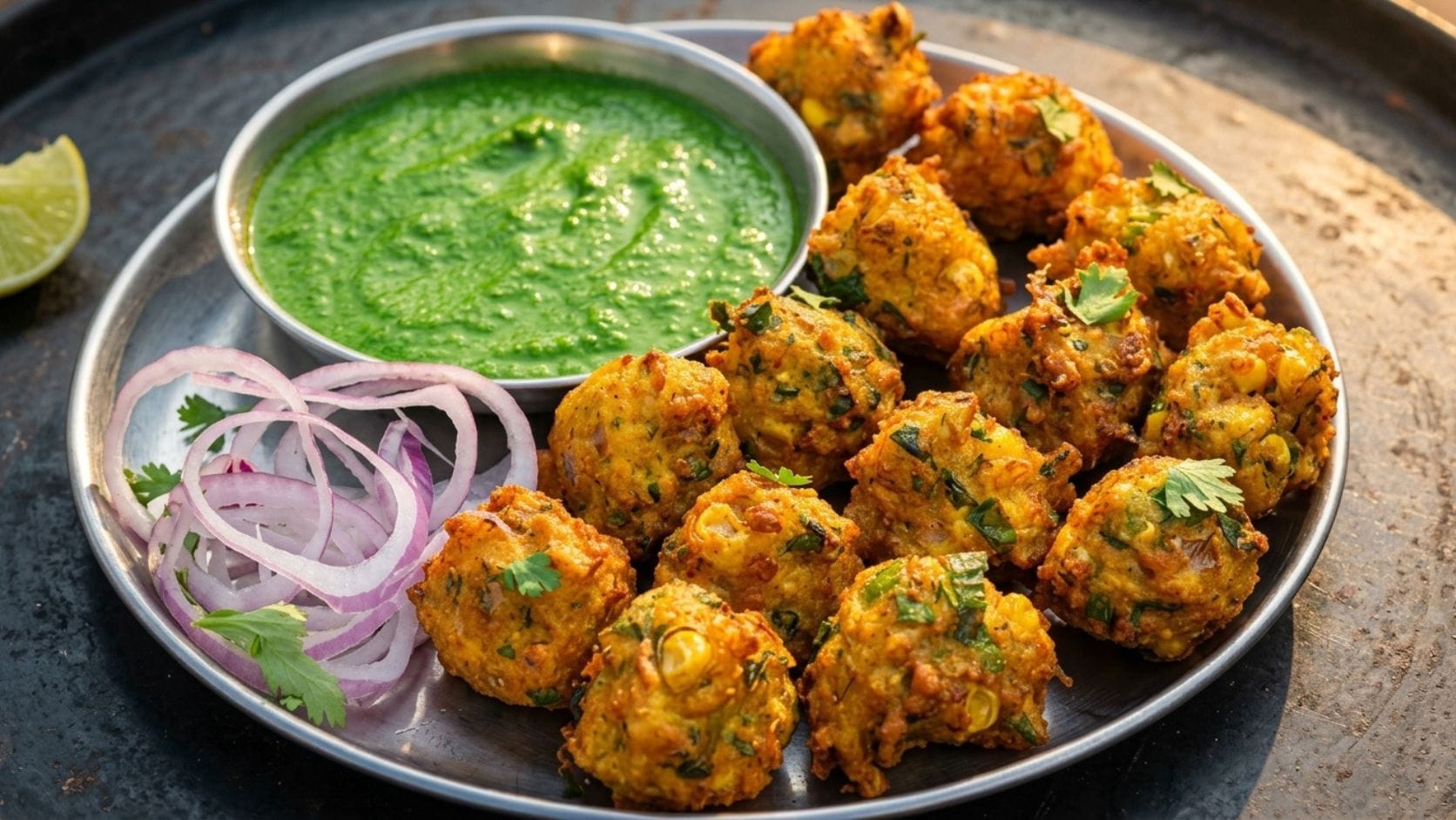 મકાઈનાં ભજીયા લીલી ચટણી, લસણની ચટણી અથવા ટમેટાની સોસ સાથે ખૂબ જ સ્વાદિષ્ટ લાગે છે. જો તેની સાથે ગરમ ચા પીરસવામાં આવે તો વરસાદની મોસમની મજા અનેકગણી વધી જાય છે.
