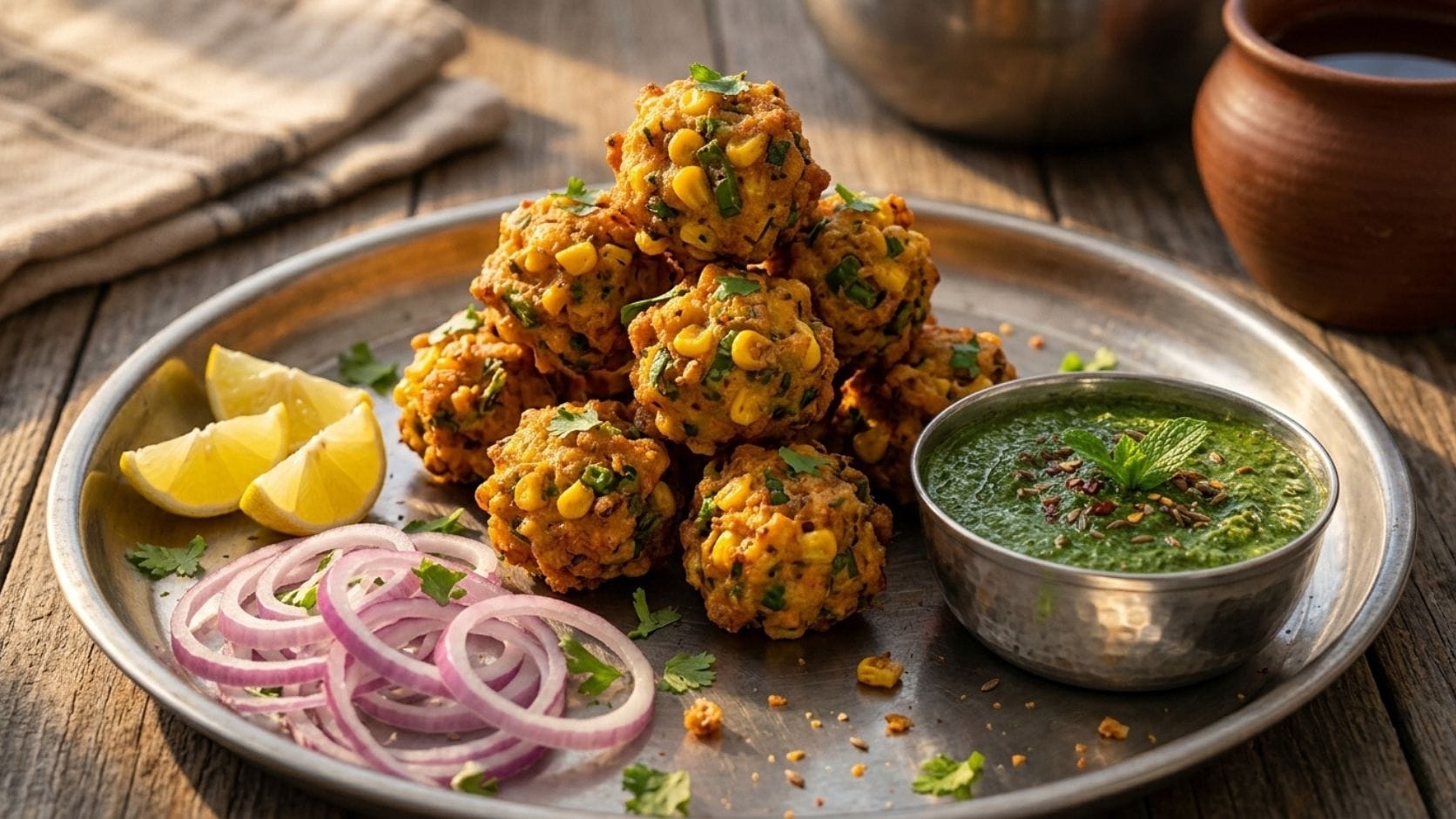 મકાઈનાં ભજીયા બનાવવા માટે 2 કપ બાફેલા મકાઈના દાણા, 1 કપ ચણાનો લોટ, 2 ચમચી ચોખાનો લોટ, બારીક સમારેલા લીલા મરચાં, આદુ, કોથમીર, હળદર, લાલ મરચું, જીરું, હિંગ, મીઠું અને તળવા માટે તેલની જરૂર પડે છે. આ તમામ સામગ્રી સરળતાથી ઘરે ઉપલબ્ધ હોય છે.
