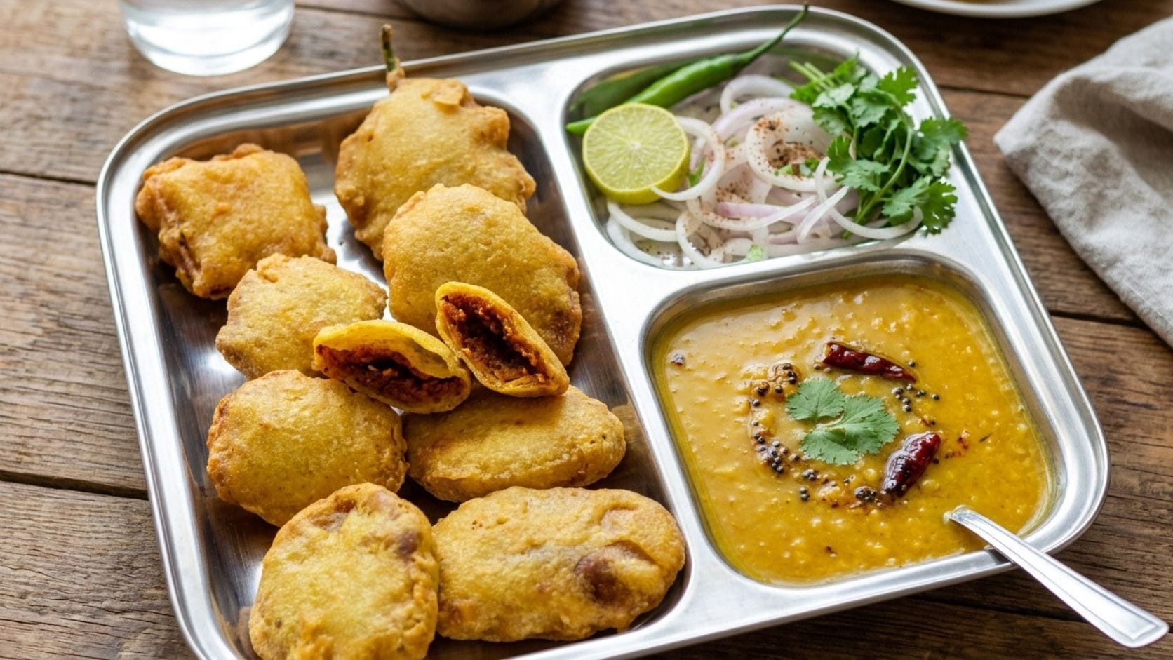 ગરમાગરમ, ક્રિસ્પી અને અંદરથી તીખા-ચટાકેદાર બટાકાના દાબડા ભજીયાને તૈયાર થયેલી ખાટી-મીઠી કઢી સાથે તરત જ પીરસવા. આ સંયોજન વરસાદમાં કે કોઈ પણ સમયે સ્વાદિષ્ટ નાસ્તા માટે પરફેક્ટ છે. All photo credit Whisk AI