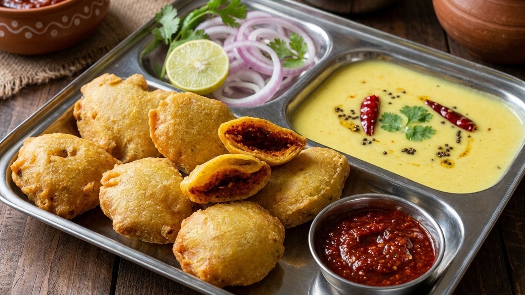 ખાટી-મીઠી કઢી બનાવવાની રીત કઢીની તૈયારી: એક નાના પેનમાં 1 કપ પાણી લેવું. તેમાં 1 મોટી ચમચી ચણાનો લોટ ઉમેરી, ગાંઠા ન પડે તે રીતે બરાબર મિક્સ કરી લેવો. આ મિશ્રણને મીડીયમ ગેસની ફ્લેમ પર ગરમ કરવા મૂકવું. તેમાં ચોથાઈ ચમચી હળદર પાવડર, અડધી ચમચી લાલ મરચું પાવડર, 1 ચમચી લસણ અને આદુની પેસ્ટ, અડધી ચમચી ખાંડ અને ચોથાઈ ચમચી લીંબુનો રસ ઉમેરવો. બધી જ સામગ્રીને બરાબર મિક્સ કરી લેવી. છેલ્લે, સ્વાદ પ્રમાણે મીઠું ઉમેરી, કઢીને 2 થી 3 મિનિટ માટે ધીમા તાપે ઉકાળવી. કઢીની ઘટ્ટતા મીડીયમ રાખવી, કારણ કે ઠંડી પડ્યા પછી તે વધુ ઘટ્ટ થશે. ગેસ બંધ કરી દેવો.