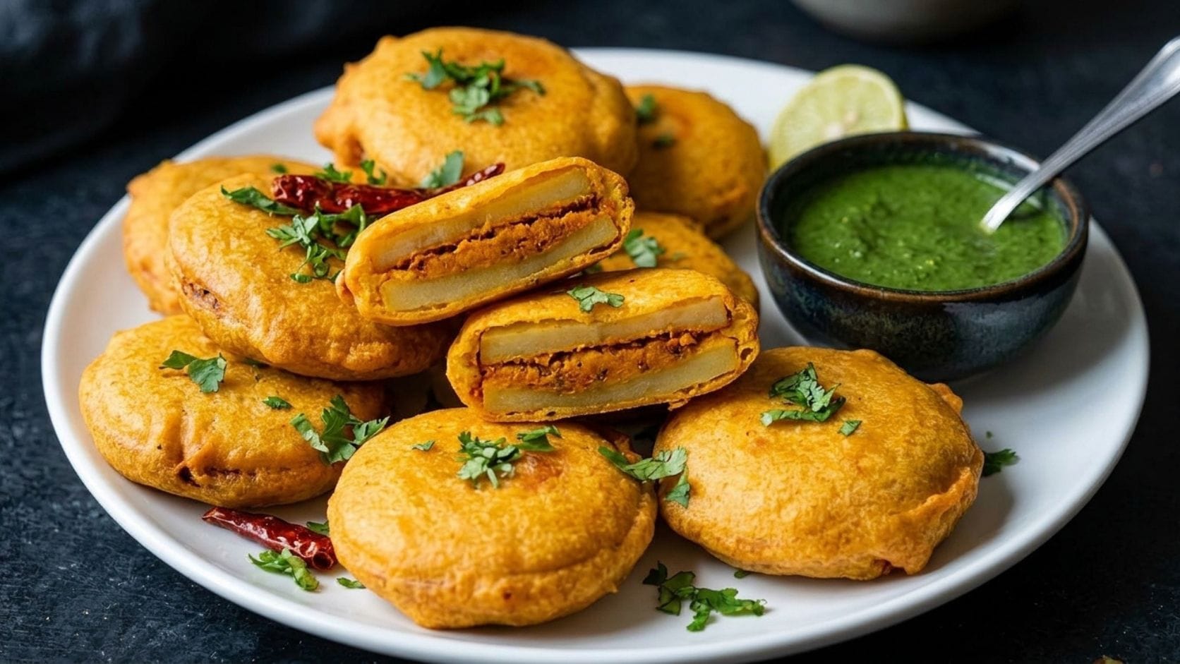 બટાકાની સ્લાઈસ સ્ટફ કરવાની રીત: પાણીમાં ડુબાડેલી બટાકાની સ્લાઈસમાંથી પાણી કાઢી લેવું. સ્લાઈસ સહેજ ભીની રાખવી જેથી મસાલો સહેલાઈથી ચોંટી જાય. એક બટાકાની સ્લાઈસ પર એક ચમચી જેટલો મસાલો હાથની મદદથી બરાબર ચોંટાડી દેવો. તેની ઉપર બીજી બટાકાની સ્લાઈસ મૂકીને હાથ વડે સહેજ દબાવી દેવી, જેથી મસાલો વચ્ચે બરાબર સેટ થઈ જાય. આ રીતે બધી જ બટાકાની સ્લાઈસ વચ્ચે મસાલો ભરીને તૈયાર કરી લેવી.