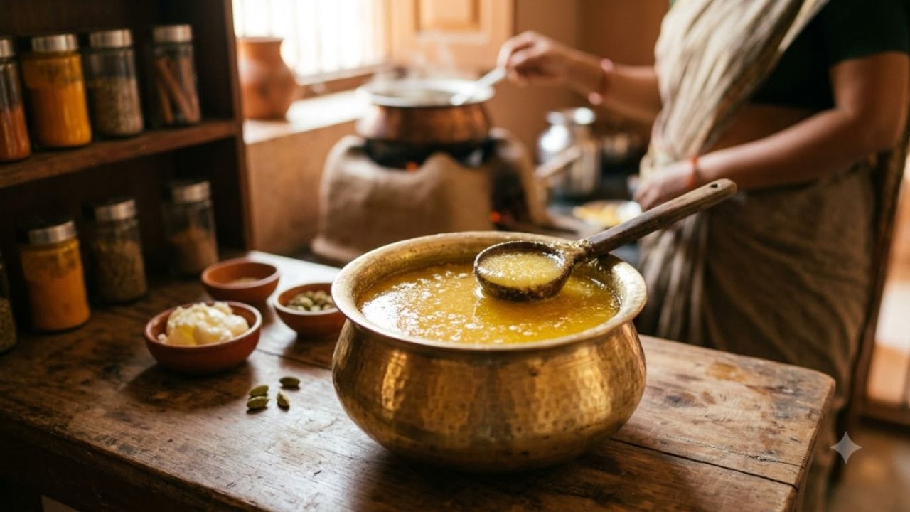 ગરમ ઘીને હંમેશા સ્ટીલની બારીક ગળણીથી ગાળીને કાચ અથવા સ્ટીલના સાફ વાસણમાં જ ભરવું. પ્લાસ્ટિકની ગળણીનો ઉપયોગ ક્યારેય ન કરવો.