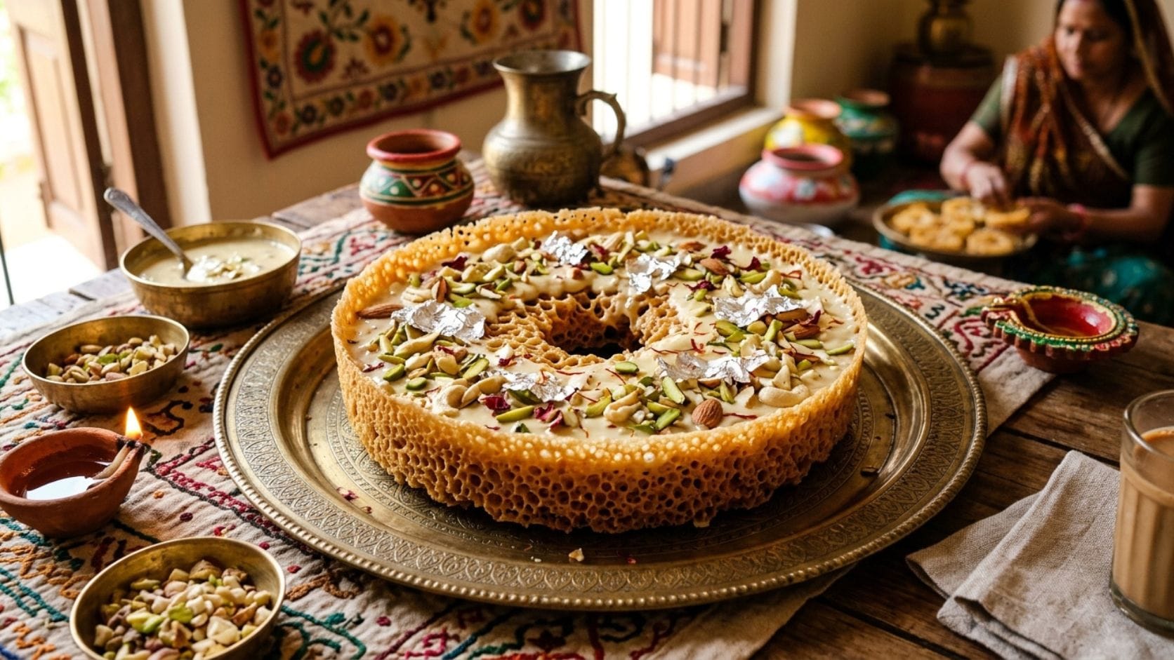 ઘેવર બનાવવા માટે મુખ્યત્વે મેંદો, ઘી, ઠંડું દૂધ, ઠંડું પાણી અને લીંબુનો રસ જરૂરી હોય છે. સૌપ્રથમ ઠંડા ઘીને સારી રીતે ફેંટવામાં આવે છે જેથી તે હળવું અને ક્રીમી બને. ત્યારબાદ તેમાં ધીમે ધીમે મેંદો ઉમેરીને મિશ્રણ તૈયાર કરવામાં આવે છે. પછી દૂધ, લીંબુનો રસ અને પાણી ઉમેરીને પાતળું બેટર બનાવવામાં આવે છે.

