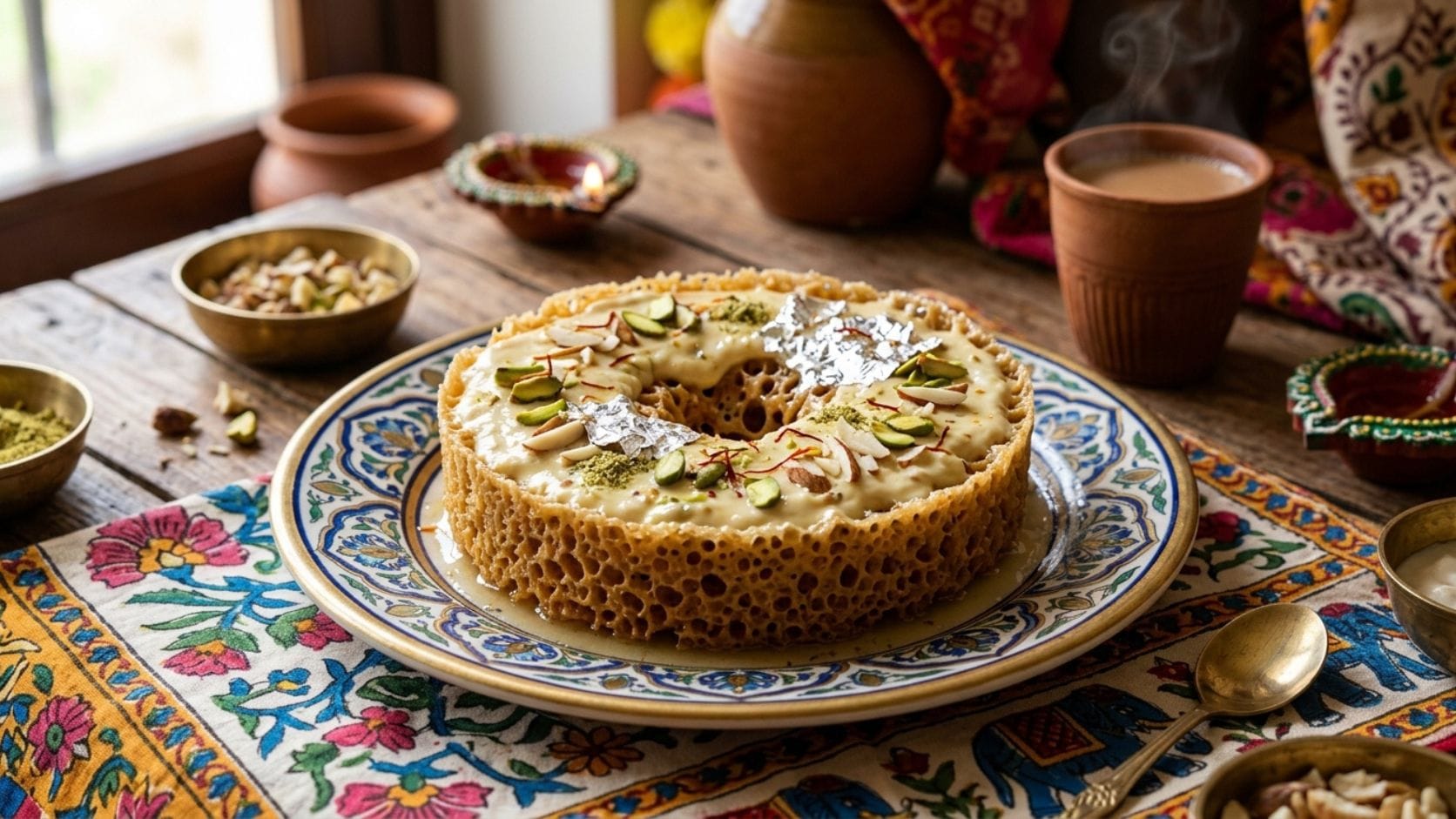 ઘેવર તળવા માટે ઊંડા વાસણમાં ઘી અથવા તેલ ગરમ કરવામાં આવે છે. ઘી સારી રીતે ગરમ થયા પછી બેટરને થોડું થોડું કરીને વચ્ચેની જગ્યાએ રેડવામાં આવે છે. બેટર પડતાં જ તેમાં બબલ્સ બને છે અને ધીમે ધીમે જાળીદાર આકાર તૈયાર થાય છે.
