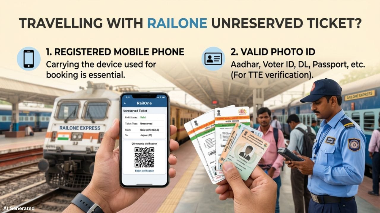 જો તમે RailOne એપ દ્વારા અનરિઝર્વ્ડ ટિકિટ બુક કરી હોય, તો મુસાફરી દરમિયાન બે વસ્તુઓ તમારી પાસે હોવી જરૂરી છે. પ્રથમ, તે જ રજિસ્ટર્ડ મોબાઇલ ફોન જેમાંથી ટિકિટ બુક કરવામાં આવી હતી. બીજું, કોઈપણ માન્ય ફોટો ઓળખપત્ર જેમ કે આધાર કાર્ડ, મતદાર ઓળખપત્ર, ડ્રાઇવિંગ લાઇસન્સ, પાસપોર્ટ અથવા સરકાર દ્વારા માન્ય અન્ય ID. ટિકિટ ચેકિંગ દરમિયાન TTE જરૂર પડે તો ટિકિટની સાથે આ ઓળખપત્ર પણ ચકાસી શકે છે.