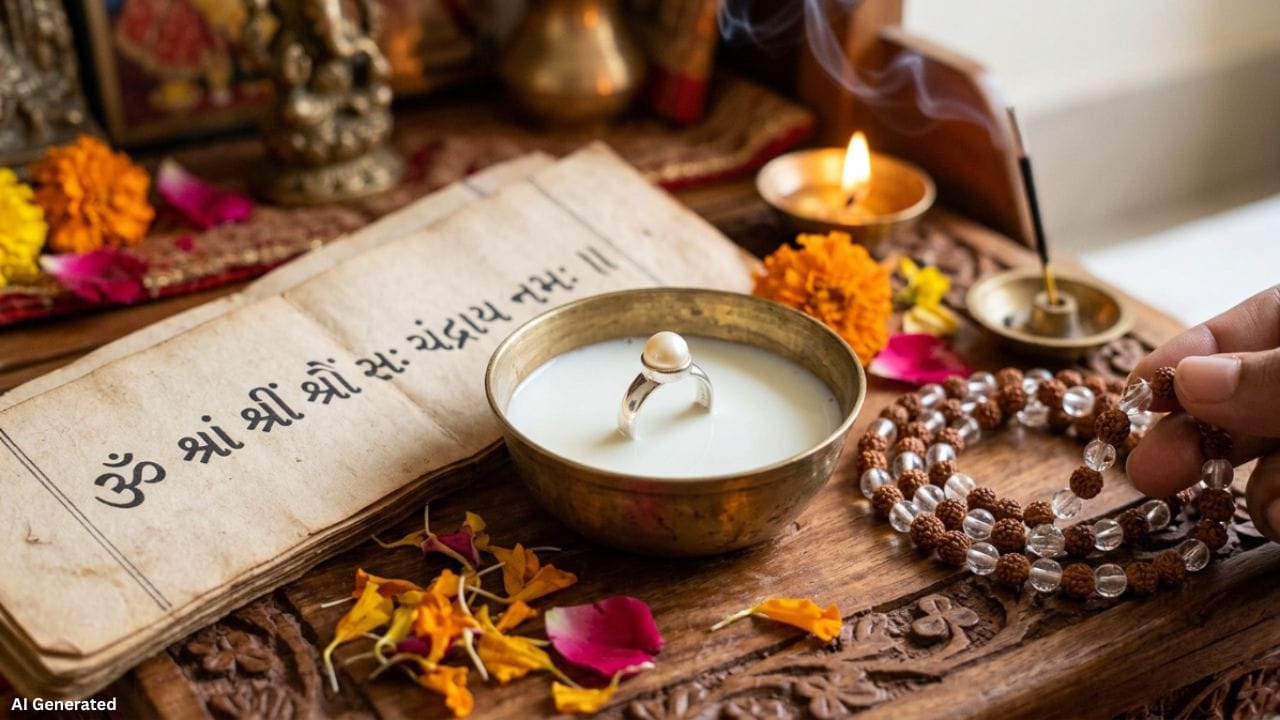 જ્યોતિષીય માન્યતા મુજબ મોતીને ચાંદીની વીંટીમાં જડીને ધારણ કરવું શુભ માનવામાં આવે છે. તેને પહેરતા પહેલાં કાચા દૂધ અથવા ગંગાજળથી શુદ્ધ કરવાની પરંપરા છે. ત્યારબાદ "ૐ શ્રાં શ્રીં શ્રૌં સઃ ચંદ્રાય નમઃ" મંત્રનો 108 વખત જાપ કરવાની માન્યતા છે. ઘણા લોકો ભગવાન શિવ અને માતા પાર્વતીની પૂજા કરીને ફૂલ અને અક્ષત (ચોખા) અર્પણ કરે છે. પરંપરાગત માન્યતાઓ અનુસાર સોમવાર અથવા પૂર્ણિમાના દિવસે મોતી ધારણ કરવું વધુ શુભ અને ફળદાયી ગણાય છે.