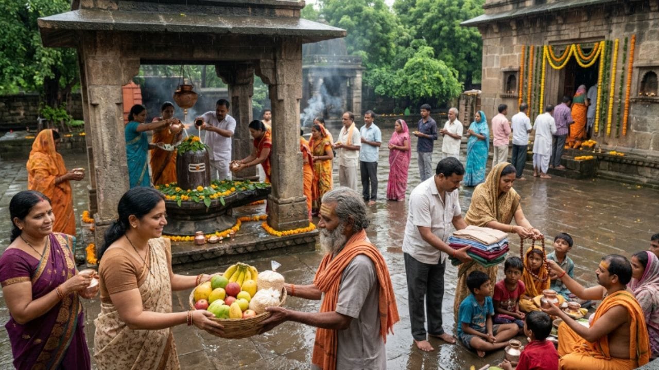 શ્રાવણમાં દાનનું મહત્વ: ધાર્મિક માન્યતાઓ અને જ્યોતિષાચાર્યોનું માનીએ તો શ્રાવણમાં શિવજીની કૃપા મેળવવા માટે પૂજાની સાથે જરૂરિયાતમંદ લોકોની મદદ કરવી શુભ ગણાય છે. માન્યતા છે કે આ મહિનામાં કરવામાં આવેલું દાન જીવનમાં સકારાત્મક બદલાવ લાવવામાં સહાયક છે. જોકે, વ્યક્તિએ દાન હંમેશા પોતાની શ્રદ્ધા અને ક્ષમતા (યથાશક્તિ) અનુસાર જ કરવું જોઈએ. દાન આપ્યા પછી મહાદેવનું સ્મરણ કરતા "ઓમ નમઃ શિવાય" મંત્રનો જાપ કરવો.
