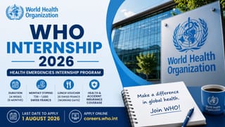 WHO Internship 2026: વિશ્વ સ્વાસ્થ્ય સંગઠનમાં ઇન્ટર્નશિપની સુવર્ણ તક, મળશે આકર્ષક સેલરી અને રહેવા-ખાવાનો ખર્ચ