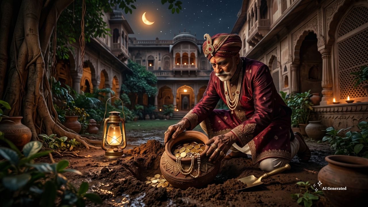 ચોરી અને લૂંટફાટથી બચાવવાનો ઉપાય: તે સમયમાં આધુનિક પોલીસ વ્યવસ્થા કે સુરક્ષા સિસ્ટમ નહોતી. મોટા પ્રમાણમાં સોનું-ચાંદી ઘરમાં રાખવું જોખમભર્યું હતું. તેથી વેપારીઓ અને ધનિક લોકો માટે જમીન નીચે ખજાનો છુપાવવો વધુ સુરક્ષિત વિકલ્પ માનવામાં આવતો. (Image Credit: AI Generated)