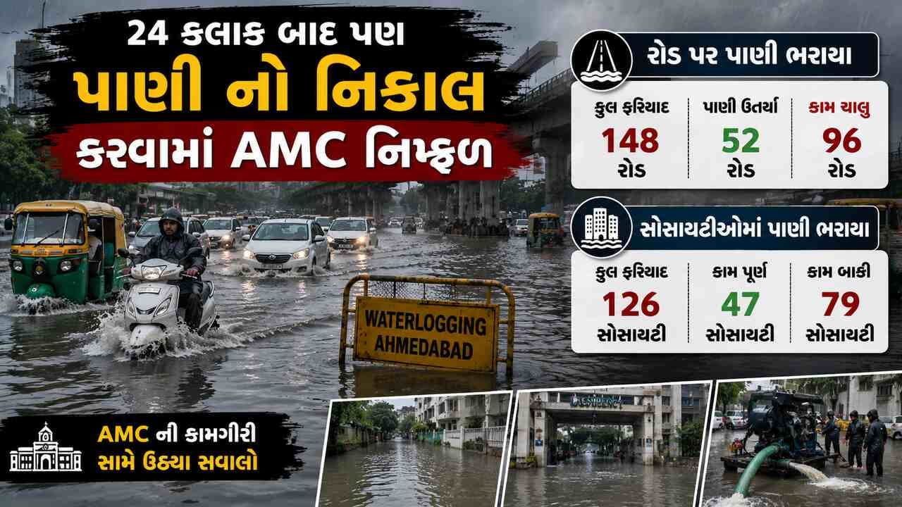 અમદાવાદમાં વરસાદ બાદ પાણીના નિકાલમાં AMC નિષ્ફળ ? 24 કલાક બાદ પણ 96 રસ્તા અને 79 સોસાયટીમાં પાણી યથાવત
