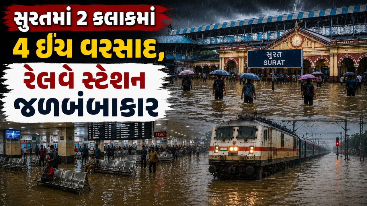 Monsoon Breaking : સુરતમાં 2 કલાકમાં 4 ઈંચ વરસાદથી જળબંબાકાર: રેલવે સ્ટેશનના વેટિંગ એરિયામાં ભરાયા પાણી, એમ્બ્યુલન્સ ફસાઈ Monsoon Breaking : સુરતમાં 2 કલાકમાં 4 ઈંચ વરસાદથી જળબંબાકાર: રેલવે સ્ટેશનના વેટિંગ એરિયામાં ભરાયા પાણી, એમ્બ્યુલન્સ ફસાઈ