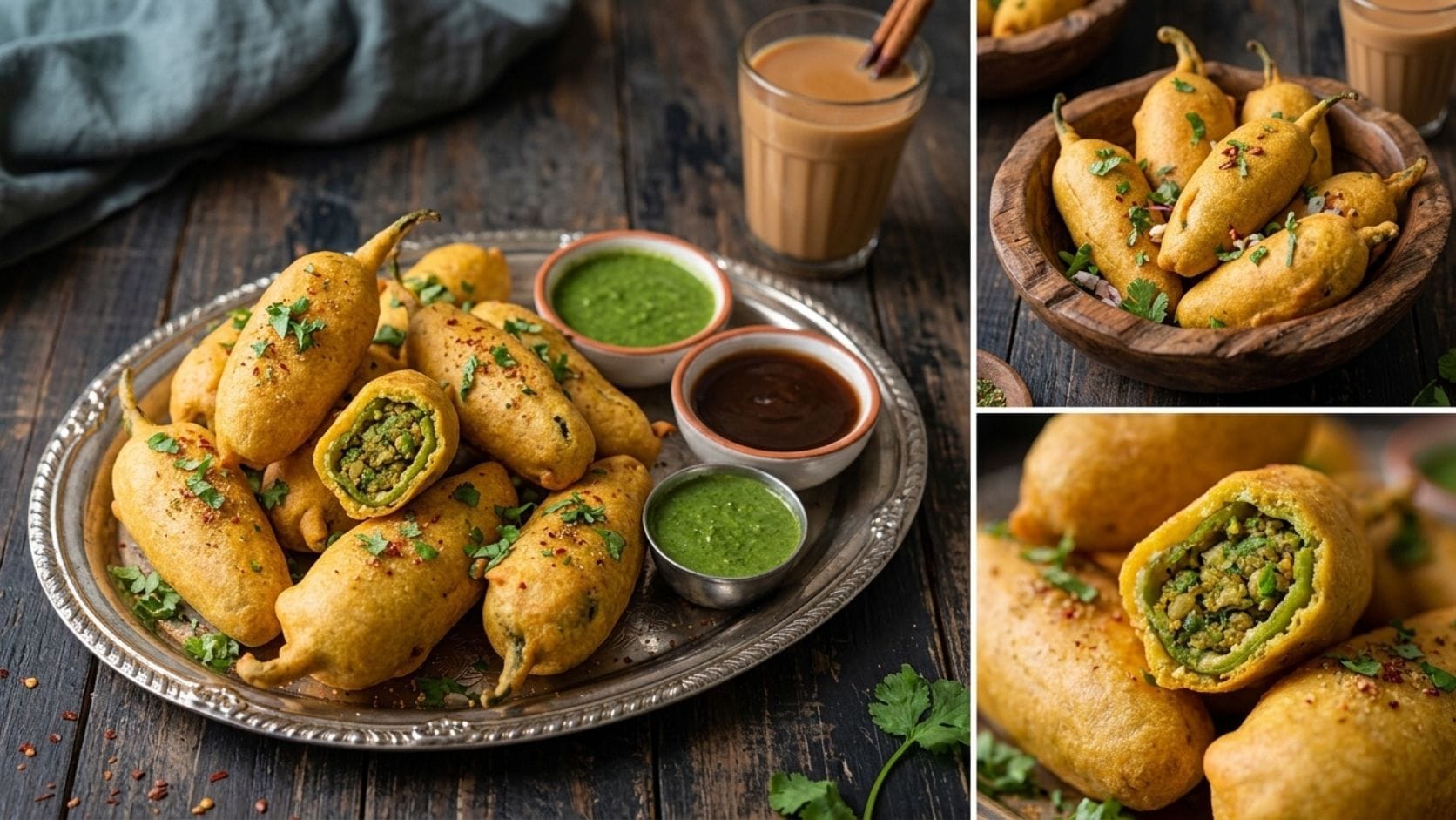 ગરમ ગરમ ભરેલા મરચાંના ભજીયા ખજૂર-આમલીની ચટણી, ટોમેટો કેચપ અથવા તીખી લીલી ચટણી સાથે સર્વ કરો. આ અનોખા સ્વાદવાળા ભજીયા ચોક્કસપણે તમારા ચોમાસાના દિવસોને વધુ યાદગાર બનાવશે. આ રેસીપી એકવાર જરૂરથી ટ્રાય કરો અને તમારા પરિવારજનો સાથે માણો.All photo credit : Whisk AI
