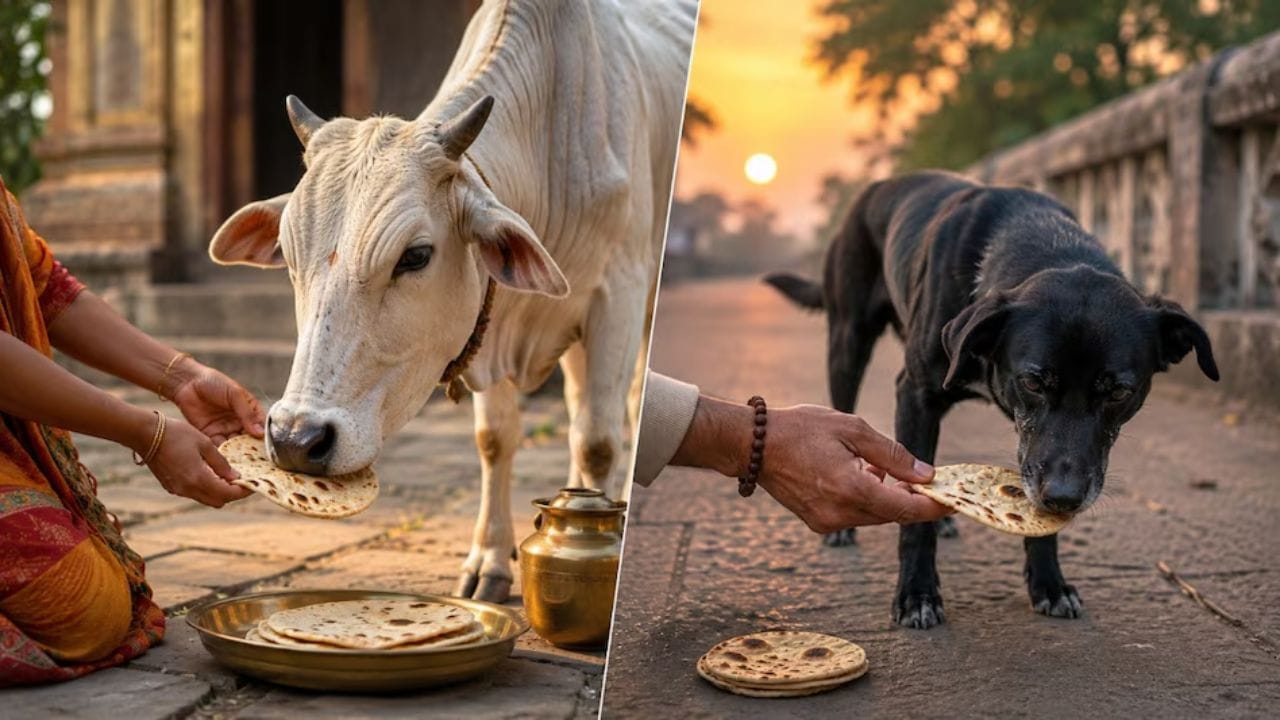  પહેલી રોટલી ગાયને કેમ? : વાસ્તુ અને શાસ્ત્રો અનુસાર, તવા પર રાંધેલી પહેલી રોટલી હંમેશા ગાય માટે અલગ રાખવી જોઈએ. હિન્દુ માન્યતા મુજબ ગાયમાં ૩૩ *કોટી* (પ્રકાર/શ્રેણી) દેવતાઓ રહે છે. તેથી, ગાયને પહેલી રોટલી ખવડાવવાથી આ બધા દેવતાઓને પ્રસાદ મળે છે.