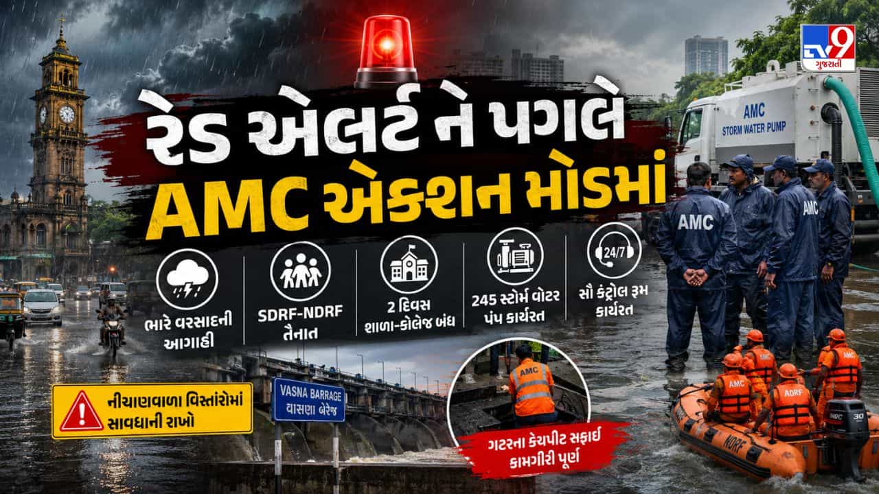 Breaking News: અમદાવાદમાં વરસાદનું રેડ એલર્ટ, ભારે વરસાદ સામે AMC સંપૂર્ણ સજ્જ, અધિકારીઓની રજા રદ