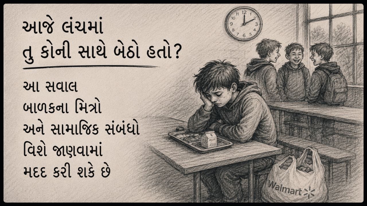 આજે લંચમાં તુ કોની સાથે બેઠો હતો? આ સવાલ બાળકના મિત્રો અને સામાજિક સંબંધો વિશે જાણવામાં મદદ કરી શકે છે. ક્યારેક બાળક “કોઈ સાથે નહીં” એવો જવાબ આપે તો તેની પાછળ એકલતા અથવા મિત્રોથી દૂર રાખવામાં આવવાની લાગણી પણ હોઈ શકે છે. (Image Source | AI Generated)