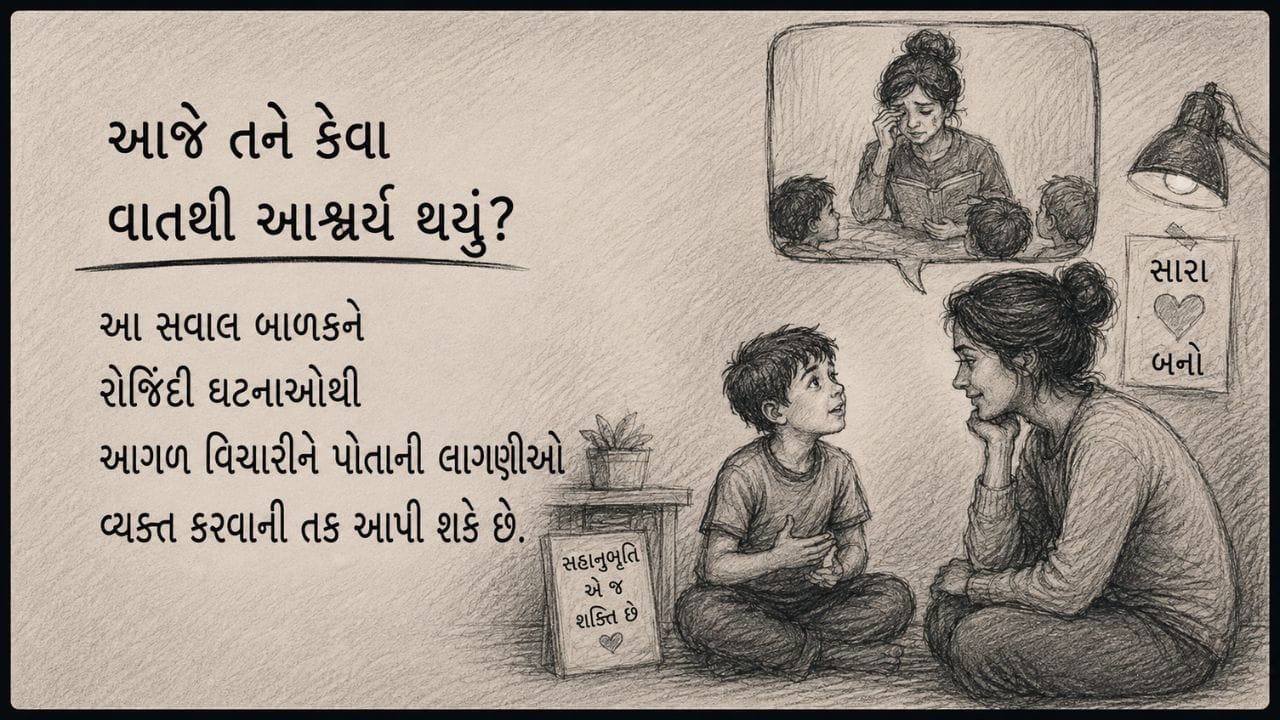 આજે તને કેવા વાતથી આશ્ચર્ય થયું? આ સવાલ બાળકને રોજિંદી ઘટનાઓથી આગળ વિચારીને પોતાની લાગણીઓ વ્યક્ત કરવાની તક આપી શકે છે. બાળક કોઈ શિક્ષક, મિત્ર અથવા વર્ગમાં બનેલી ઘટના વિશે વાત કરી શકે છે. આ રીતે માતા-પિતા અને બાળક વચ્ચે વિશ્વાસ, સમજણ અને લાગણીસભર જોડાણ વધુ મજબૂત બને છે. (Image Source | AI Generated)