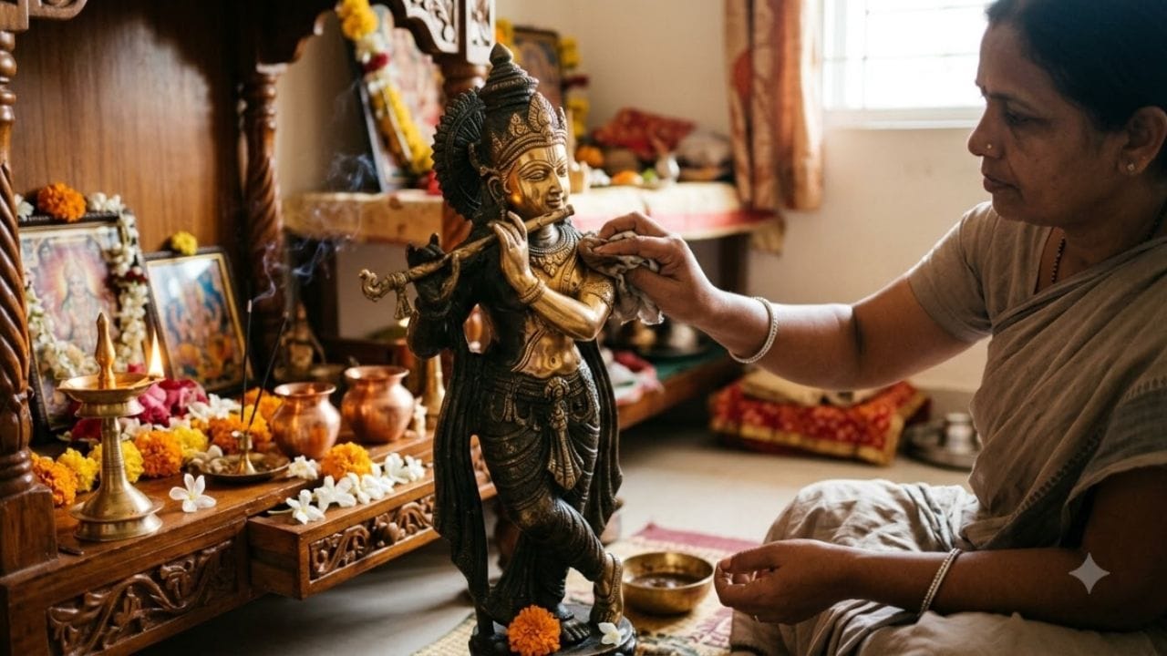 પિત્તળ અને તાંબાની મૂર્તિ પરનો જિદ્દી કાળાશ દૂર કરવા માટે થોડો પીતાંબરી પાવડર મૂર્તિ પર લગાવો. તેને સોફ્ટ કપડાં કે ક્લીનિંગ પેડથી 3-4 મિનિટ હળવા હાથે ઘસો. ત્યારબાદ સ્વચ્છ પાણીથી ધોઈને કોરા કપડાથી લૂછી લેવાથી મૂર્તિ સોનાની જેમ ચમકી ઉઠશે.