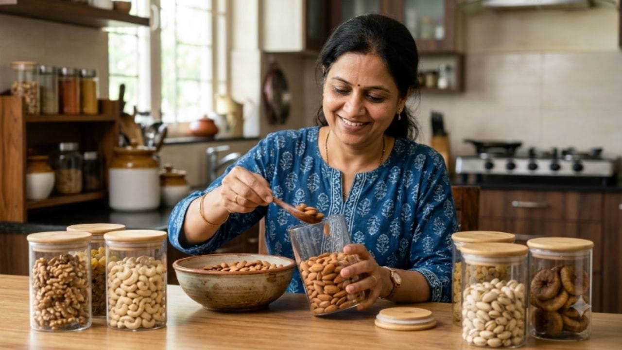 પેન્ટ્રી કે કિચન કેબિનેટમાં રાખવાના નિયમો: જો તમે ડ્રાયફ્રૂટ્સને રસોડાના કેબિનેટ કે પેન્ટ્રીમાં રાખી રહ્યા છો, તો નીચે મુજબની બાબતોનું ખાસ ધ્યાન રાખો: એરટાઇટ ગ્લાસ જાર: પ્લાસ્ટિકના ડબ્બાઓને બદલે હંમેશા એરટાઇટ કાચની બરણી કે સ્ટેનલેસ સ્ટીલના કન્ટેનરનો ઉપયોગ કરો. તેનાથી ભેજ અંદર જતો અટકે છે. સૂકી અને ઠંડી જગ્યા: બરણીને ગેસના ચૂલા, સિંક કે બારીથી દૂર કોઈ ઠંડી અને અંધારી જગ્યાએ રાખો. સીધો સૂર્યપ્રકાશ અને ગરમી ડ્રાયફ્રૂટ્સના નેચરલ તેલને બગાડી નાખે છે. લવિંગ અને લીમડાના પાન: જીવાતથી બચાવવા માટે બરણીમાં 2-3 આખા લવિંગ અથવા સૂકા લીમડાના પાન મૂકો. તેની તીવ્ર ગંધથી જીવાત દૂર રહે છે.