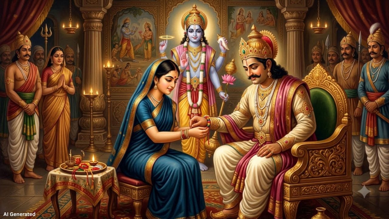 રક્ષાબંધન સાથે જોડાયેલી એક પ્રસિદ્ધ પૌરાણિક કથા દેવી લક્ષ્મી અને રાજા બાલી સાથે સંબંધિત છે. માન્યતા મુજબ, રાજા બાલીની ભક્તિ અને ઉદારતાથી પ્રસન્ન થઈ ભગવાન વિષ્ણુએ તેમની સાથે રહેવાનું વચન આપ્યું હતું. ભગવાન વિષ્ણુ લાંબા સમય સુધી વૈકુંઠ પરત ન ફરતાં દેવી લક્ષ્મીને ચિંતા થઈ,  વિષ્ણુને વૈકુંઠ પરત લાવવા માટે દેવી લક્ષ્મી સામાન્ય સ્ત્રીના રૂપમાં બાલી પાસે પહોંચી અને તેમને રાખડી બાંધી ભાઈ બનાવ્યા. બાલીએ બહેનની વાત સ્વીકારી અને ભગવાન વિષ્ણુને વૈકુંઠ પરત જવાની મંજૂરી આપી. આ કથા રક્ષાબંધનના ભાઈ-બહેનના પવિત્ર સંબંધ અને પરસ્પર વિશ્વાસનું મહત્વ દર્શાવે છે.