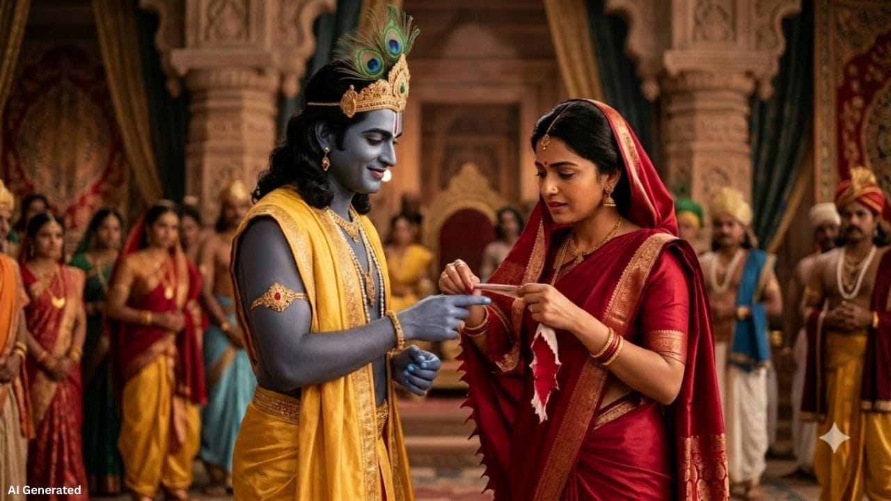મહાભારત સાથે જોડાયેલી એક લોકપ્રચલિત કથા અનુસાર, ભગવાન શ્રીકૃષ્ણ અને દ્રૌપદી વચ્ચેનો સંબંધ પણ રક્ષાના પવિત્ર ભાવ સાથે જોડાય છે. કહેવાય છે કે શિશુપાલનો વધ કરતી વખતે શ્રીકૃષ્ણની આંગળીમાં ઈજા થઈ હતી અને તેમાંથી લોહી નીકળવા લાગ્યું હતું. ત્યારે દ્રૌપદીએ તરત જ પોતાની સાડીના કપડાનો એક ભાગ ફાડ્યો અને શ્રીકૃષ્ણની આંગળી પર બાંધી દીધો. દ્રૌપદીના આ સ્નેહ અને લાગણીથી શ્રીકૃષ્ણ ખૂબ પ્રસન્ન થયા અને મુશ્કેલીના સમયમાં તેની મદદ કરવાનો સંકલ્પ કર્યો. લોકમાન્યતા મુજબ, જ્યારે દ્રૌપદીનું અપમાન કરવાનો પ્રયાસ થયો ત્યારે શ્રીકૃષ્ણે તેની લાજ બચાવીને પોતાના આ વચનને નિભાવ્યું હતું. આ કથા રક્ષાબંધનના પવિત્ર સંબંધમાં રહેલા પ્રેમ, વિશ્વાસ અને રક્ષણના ભાવને દર્શાવે છે.