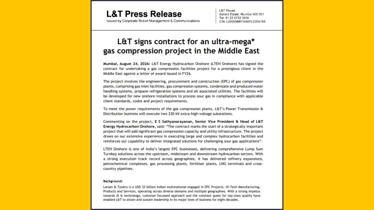 આ કામ L&T એનર્જી હાઈડ્રોકાર્બનના ઓનશોર બિઝનેસને મળ્યું છે. ઓનશોરનો અર્થ દરિયાની અંદર નહીં પરંતુ જમીન પર બનનારો પ્રોજેક્ટ થાય છે. કંપની ગેસને પ્લાન્ટમાં લાવવાની સુવિધા, ગેસ કોમ્પ્રેસન સિસ્ટમ, કન્ડેન્સેટ અને પાણી સાચવવાની વ્યવસ્થા, પ્રોપેન રેફ્રિજરેશન અને બીજી જરૂરી યુટિલિટીઝ બનાવશે.