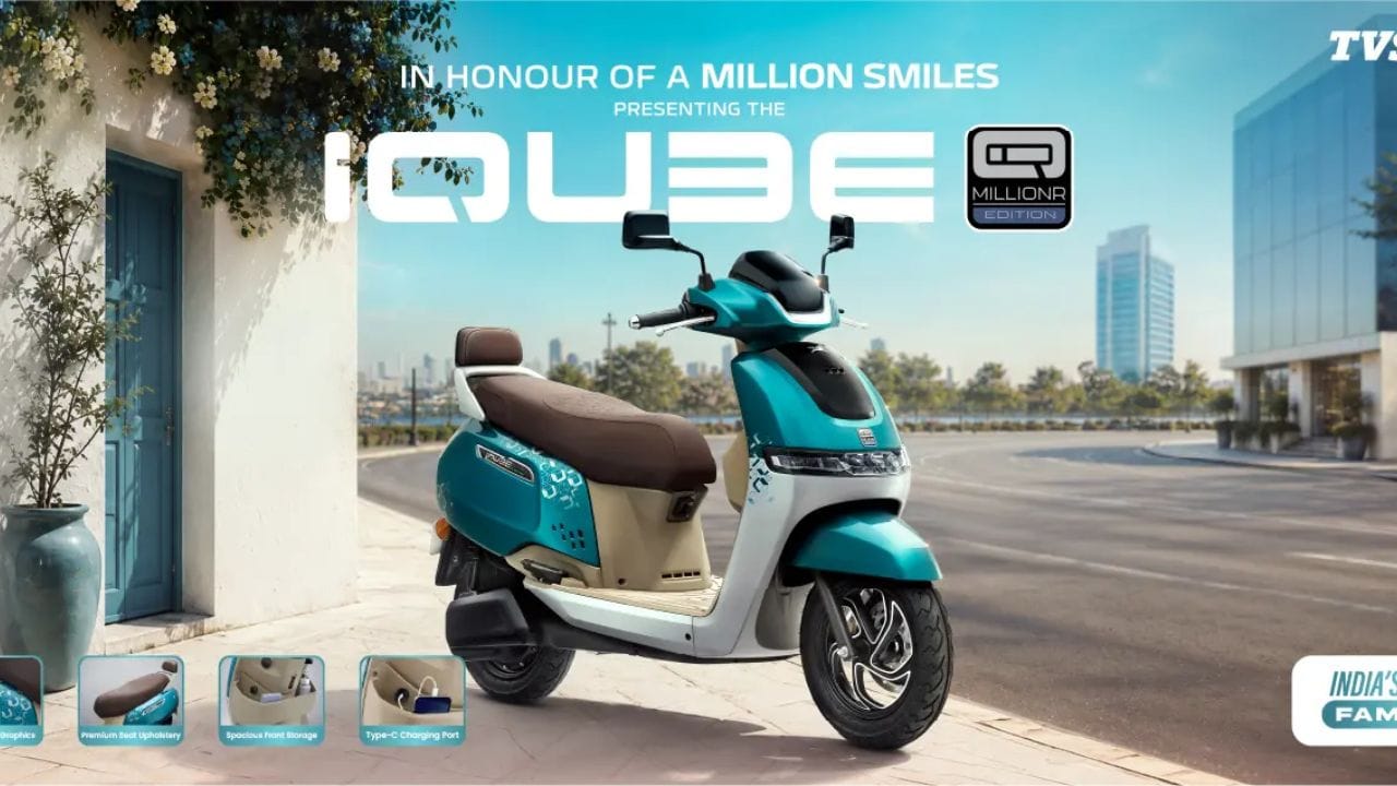 TVS iQube ના સ્પેશિયલ એડિશનમાં સૌથી મોટો ફેરફાર તેના લુકમાં જોવા મળે છે. સ્કૂટરને નવો Aurora Green ડ્યુઅલ-ટોન કલર આપવામાં આવ્યો છે. નવા કલર સાથે સ્કૂટરમાં સ્પેશિયલ ગ્રાફિક્સ પણ આપવામાં આવ્યા છે. આ ઉપરાંત તેમાં MillionR નું ખાસ બેજિંગ મળે છે, જે તેને સામાન્ય iQube મોડેલ કરતાં અલગ બનાવે છે. સ્કૂટરમાં પ્રીમિયમ સીટ કવર પણ આપવામાં આવ્યું છે, જેનાથી તેનો લુક વધુ આકર્ષક બને છે. (Image From:tvsmotor)