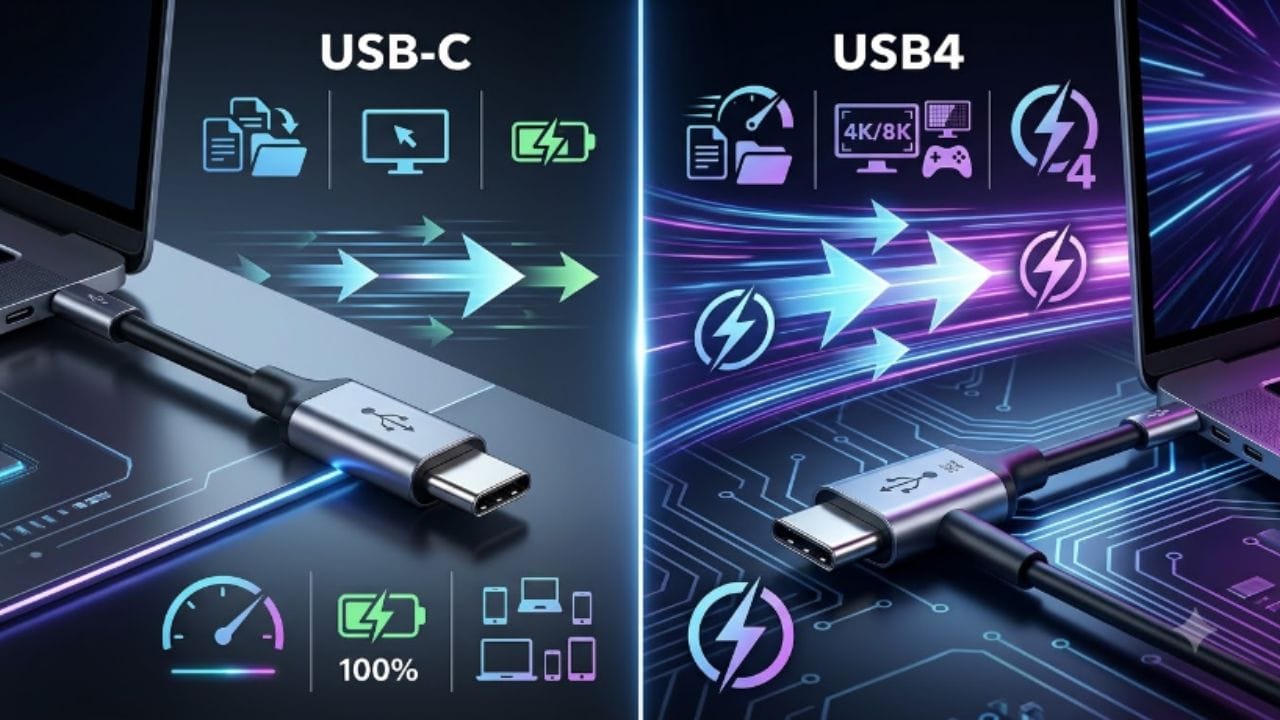 સ્પીડની સરખામણી: USB4 ને અત્યંત ઝડપી ડેટા ટ્રાન્સફર માટે ડિઝાઇન કરવામાં આવ્યું છે. USB4 માં 20Gbps, 40Gbps અને નવા વર્ઝનમાં તેનાથી પણ વધુ ડેટા ટ્રાન્સફર સ્પીડ મળે છે. જોકે વાસ્તવિક સ્પીડ તમારા લેપટોપ, ફોન, કેબલ, સ્ટોરેજ ડિવાઇસ (SSD) અને ઉપયોગમાં લેવાતા સ્ટાન્ડર્ડ પર આધાર રાખે છે.
