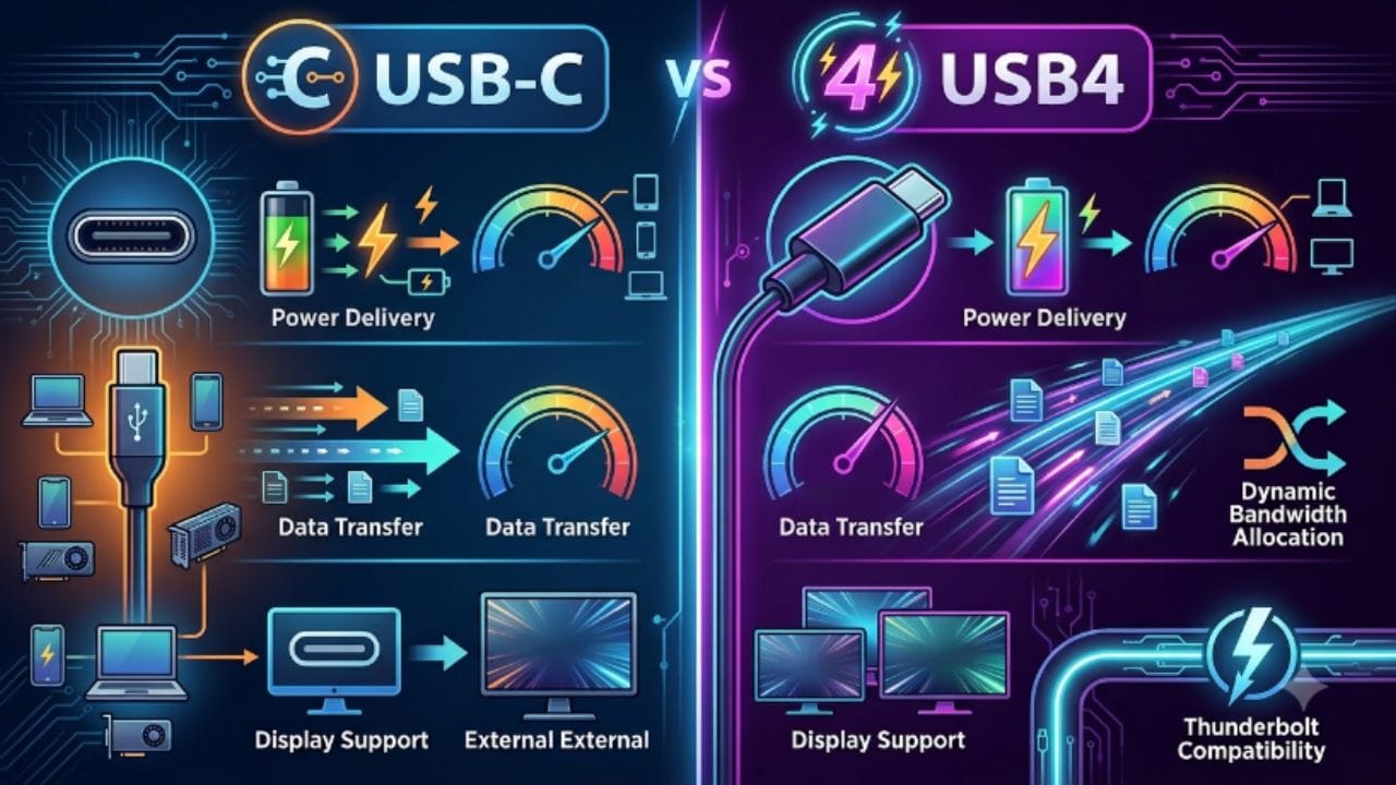 USB-C શું છે? USB-C ને એક કનેક્ટર કે પિન ડિઝાઇન તરીકે ઓળખવામાં આવે છે. તેની સાઇઝ નાની હોય છે અને તે બંને બાજુથી એકસરખી (રિવર્સિબલ) હોય છે, જેથી તેને કોઈપણ ઊંધી-ચત્તી બાજુથી સરળતાથી પ્લગ કરી શકાય છે. USB-C દ્વારા ડેટા ટ્રાન્સફર, ફાસ્ટ ચાર્જિંગ અને વીડિયો આઉટપુટ જેવા કામો થાય છે. જોકે, ડિવાઇસમાં માત્ર USB-C પોર્ટ જોઈને એવું ન માની લેવાય કે તે સૌથી ઝડપી સ્પીડ આપશે, કારણ કે અલગ-અલગ USB-C પોર્ટ પાછળ જૂના કે નવા અલગ સ્ટાન્ડર્ડ કામ કરતા હોય છે.