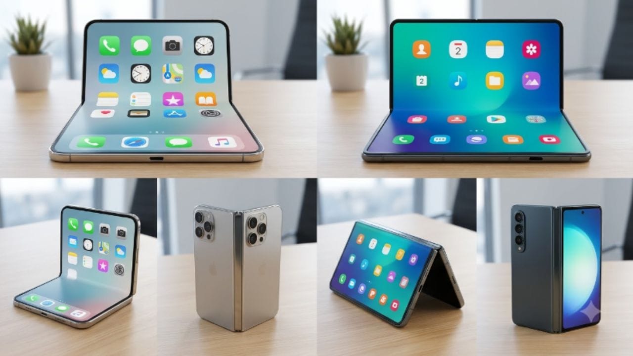 ડિસ્પ્લે: બંને વચ્ચે કાંટાની ટક્કર: iPhone Fold: લીક્સ મુજબ તેમાં 7.58 ઇંચની OLED ફોલ્ડેબલ ડિસ્પ્લે મળી શકે છે, જે 1920×2713 પિક્સલ રિઝોલ્યુશન, 120Hz રિફ્રેશ રેટ, HDR10+, ડોલ્બી વિઝન અને 2000 નિટ્સ પીક બ્રાઇટનેસ સાથે આવી શકે છે. Samsung Galaxy Z Fold 8 5G: તેમાં 7.6 ઇંચની Dynamic AMOLED 2X ડિસ્પ્લે છે, જે 1828×2448 પિક્સલ રિઝોલ્યુશન, 120Hz રિફ્રેશ રેટ, LTPO ટેકનોલોજી અને 3000 નિટ્સની પીક બ્રાઇટનેસ આપે છે. iPhone Fold રિઝોલ્યુશનમાં આગળ દેખાય છે, જ્યારે સેમસંગ બ્રાઇટનેસની બાબતમાં આગળ છે.(AI Image)