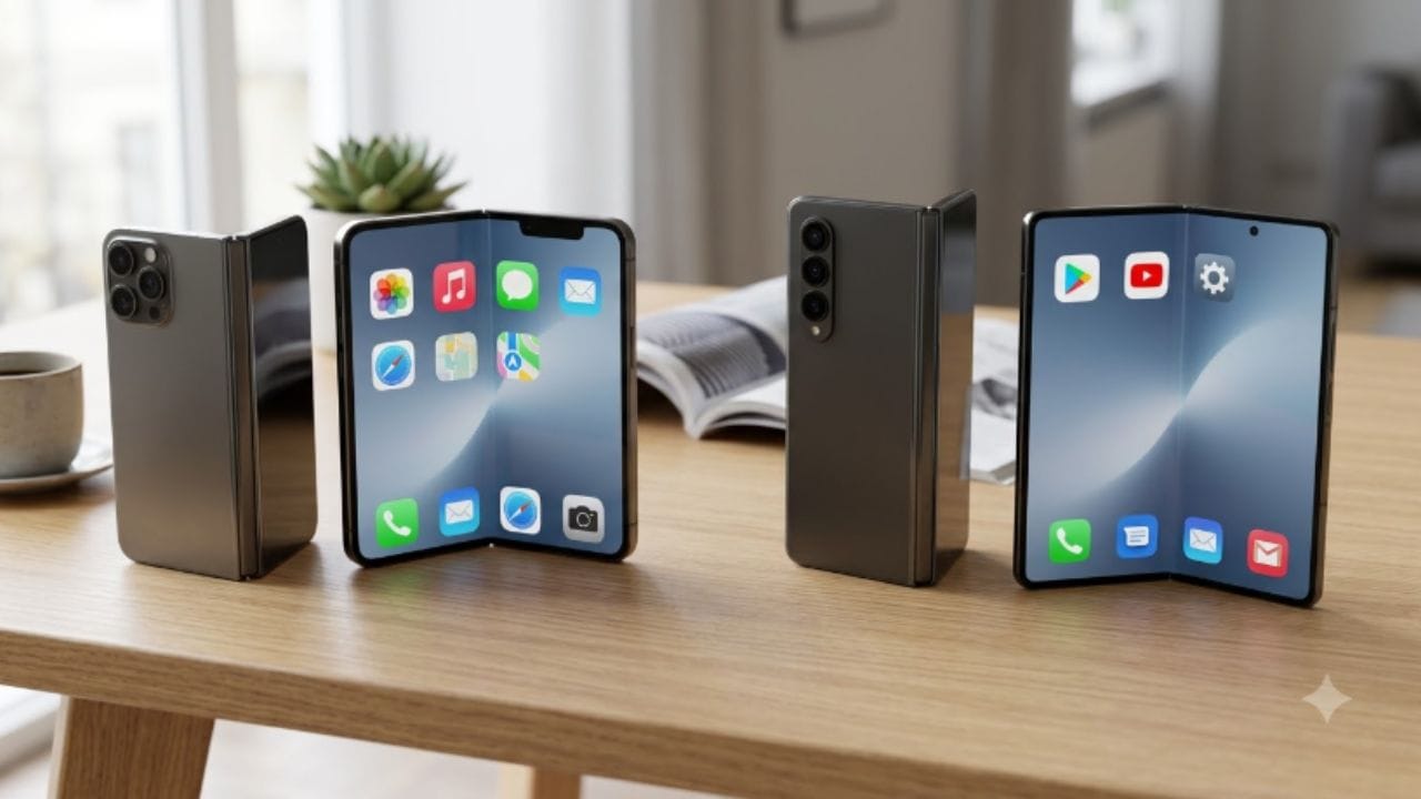 પ્રોસેસર, રેમ અને સ્ટોરેજ: iPhone Fold: આ ફોન iOS 19 આધારિત ઓક્ટા-કોર પ્રોસેસર, 16GB રેમ અને 512GB ઇન્ટરનલ સ્ટોરેજ સાથે આવી શકે છે. Samsung Galaxy Z Fold 8 5G: તેમાં પાવરફુલ Qualcomm Snapdragon 8 Elite Gen 5 for Galaxy પ્રોસેસર, Adreno 840 GPU, 12GB રેમ અને 256GB સ્ટોરેજ મળે છે. રેમ અને સ્ટોરેજ ક્ષમતાના આંકડામાં એપલ આગળ છે, પરંતુ પ્રોસેસર ક્ષમતા સેમસંગમાં પહેલેથી જ સાબિત થયેલી છે.(AI Image)