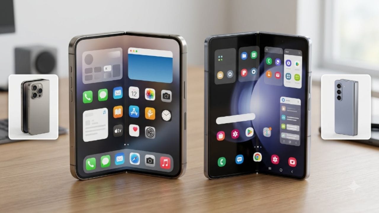 કેમેરા સેટઅપની સરખામણી: iPhone Fold: પાછળના ભાગમાં ત્રણ 48MP કેમેરા (વાઇડ, ટેલિફોટો અને અલ્ટ્રા વાઇડ) મળી શકે છે. ફ્રન્ટમાં 24MP વાઇડ અને 24MP અંડર-ડિસ્પ્લે કેમેરા મળવાની શક્યતા છે. તે 4K @ 30fps સુધી વીડિયો રેકોર્ડિંગ સપોર્ટ કરશે. Samsung Galaxy Z Fold 8 5G: તેમાં 50MP નો મેઇન અને 50MP નો અલ્ટ્રા વાઇડ કેમેરા, 2x ઓપ્ટિકલ ઝૂમ, 10x ડિજિટલ ઝૂમ અને ProVisual Engine મળે છે. તે 8K @ 30fps સુધીનું હાઈ-એન્ડ વિડિયો રેકોર્ડિંગ કરી શકે છે.(AI Image)