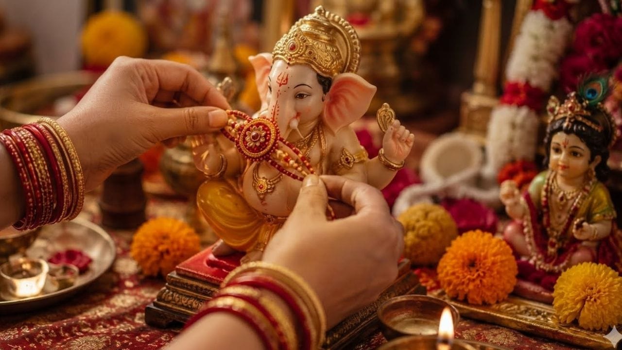 પહેલા ભગવાન ગણેશને રાખડી બાંધો : રક્ષાબંધનના દિવસે, સ્નાન કરો અને સ્વચ્છ કપડાં પહેરો. પૂજા સ્થાન પર ભગવાન ગણેશની પૂજા કરો. તેમને સિંદૂર કે કંકુનો ચાલ્લો કરો તે બાદ અક્ષત એટલે કે ચોખા ચોટાડો પછી આરતી ઉતારી રાખડી બાંધો અને મીઠાઈ અર્પણ કરો. ભગવાન ગણેશને પ્રથમ પૂજ્ય તરીકે પૂજનીય માનવામાં આવે છે; તેથી, કોઈપણ શુભ કાર્ય પહેલાં તેમને આહ્વાન કરવાની પરંપરા છે. આ જ ભાવના સાથે, રક્ષાબંધન પર ભગવાન ગણેશને સૌથી પહેલા રાખડી અર્પણ કરવી શુભ માનવામાં આવે છે.